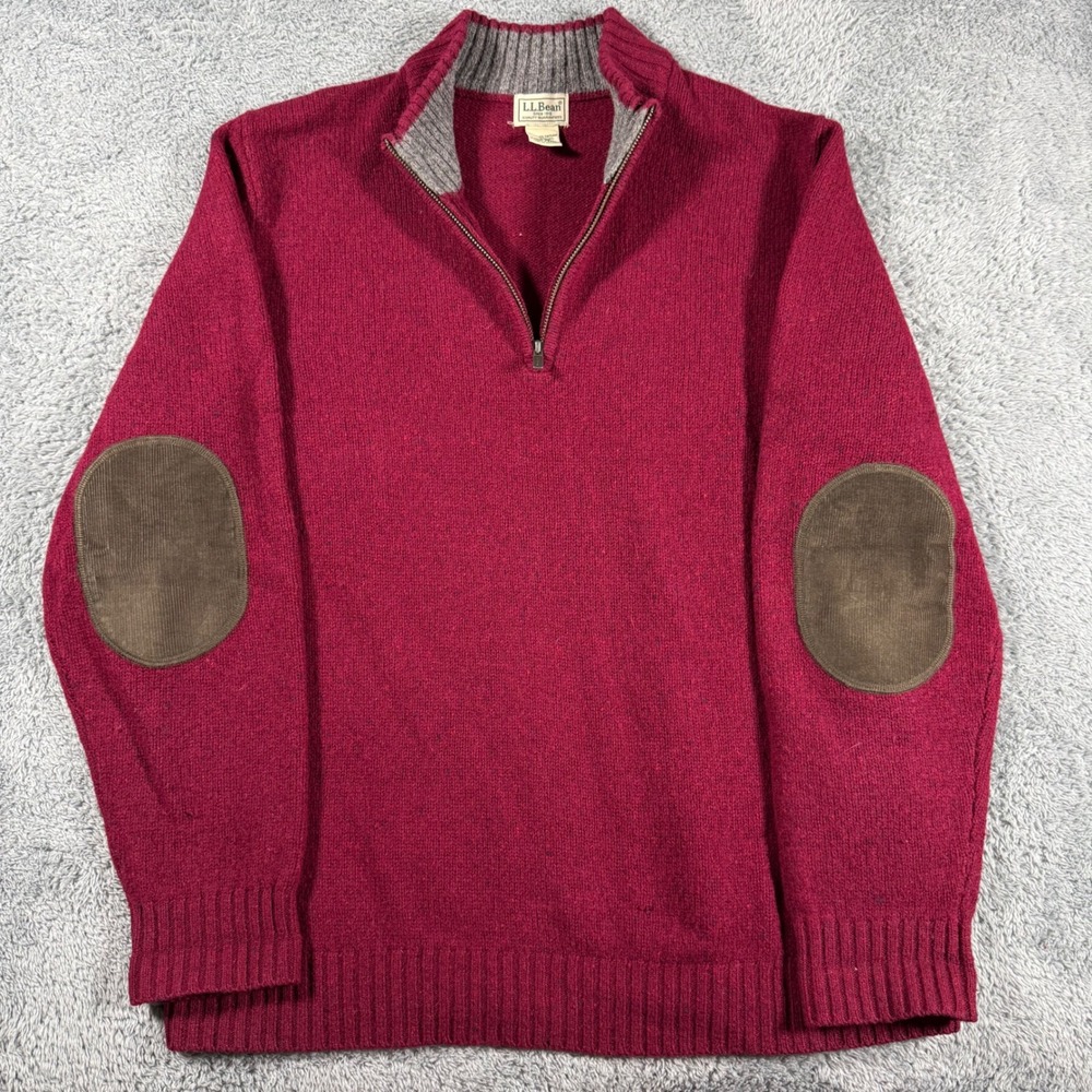 LL Bean Shetland Wool 1/4 Zip Sweater Burgundy‎ Elbow Patches Large Speckled